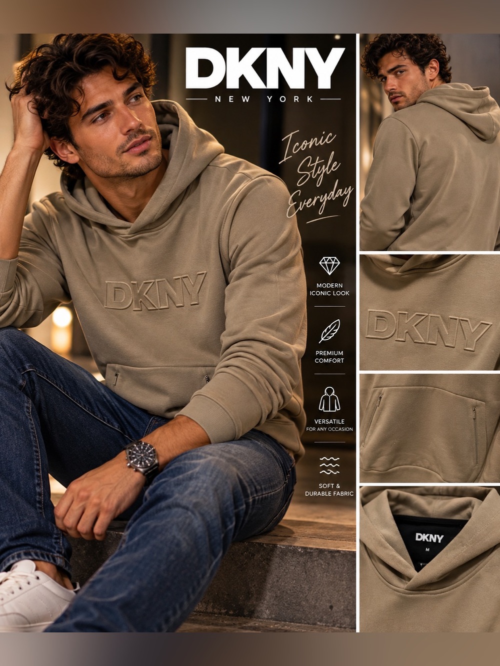 DKNY Men's Hoodie in Olive Taupe size medium